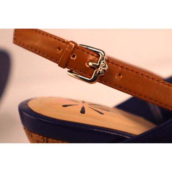Isaac Mizrahi Navy Blue Cork Wedge Sandals with Adjustable Tan Strap - Size 7W - Picture 5 of 9